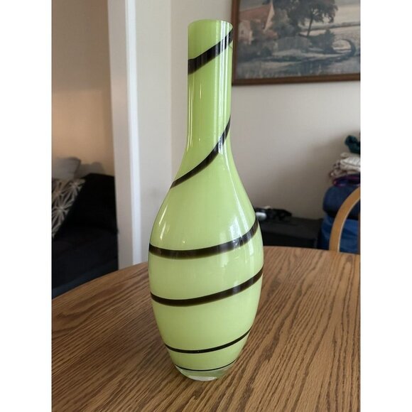 Unmarked Other - Vintage HAND-MADE in POLAND TALL VASE 16” ART GLASS GREEN BLACK SPIRAL SWIRL